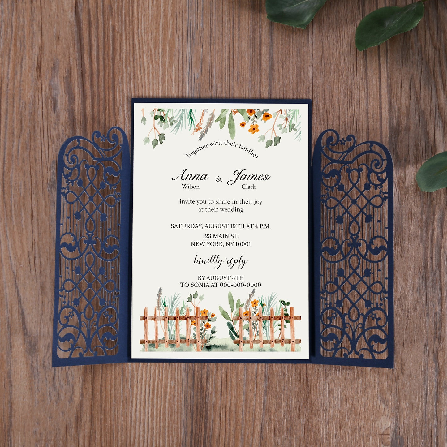 Vertical Navy Blue Elegant Wedding Invitation With Laser Cut Flower, CW5102