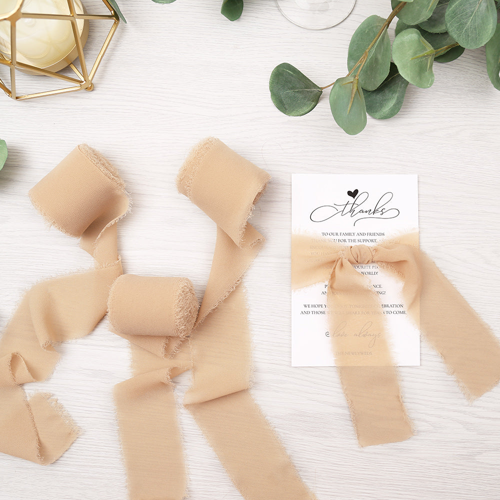 Handmade Fringe Chiffon Silk-Like Ribbon 2" x 7Yd Set of 3 Rolls Ribbons for Wedding Invitations, Bouquets, Gift Wrapping (3 Rolls Nude) - DorisHome