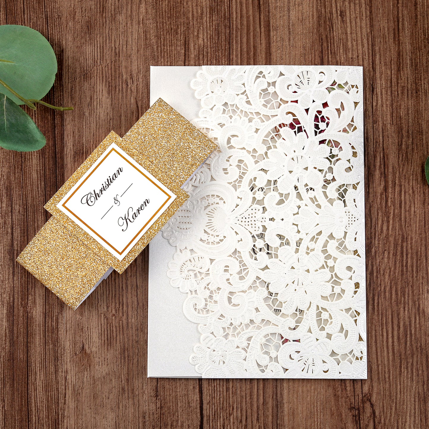 White Hollow Flora Laser Cut Invitations with Gold Glitter Border and Glitter Belly Band for wedding,bridal shower