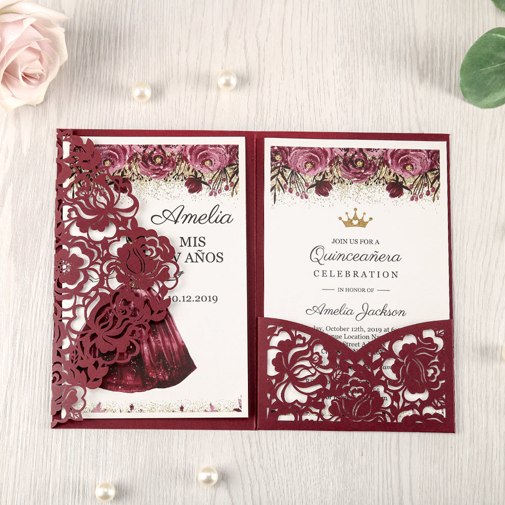 Burgundy Floral Laser cut invitation cards for Quinceanera - DorisHome