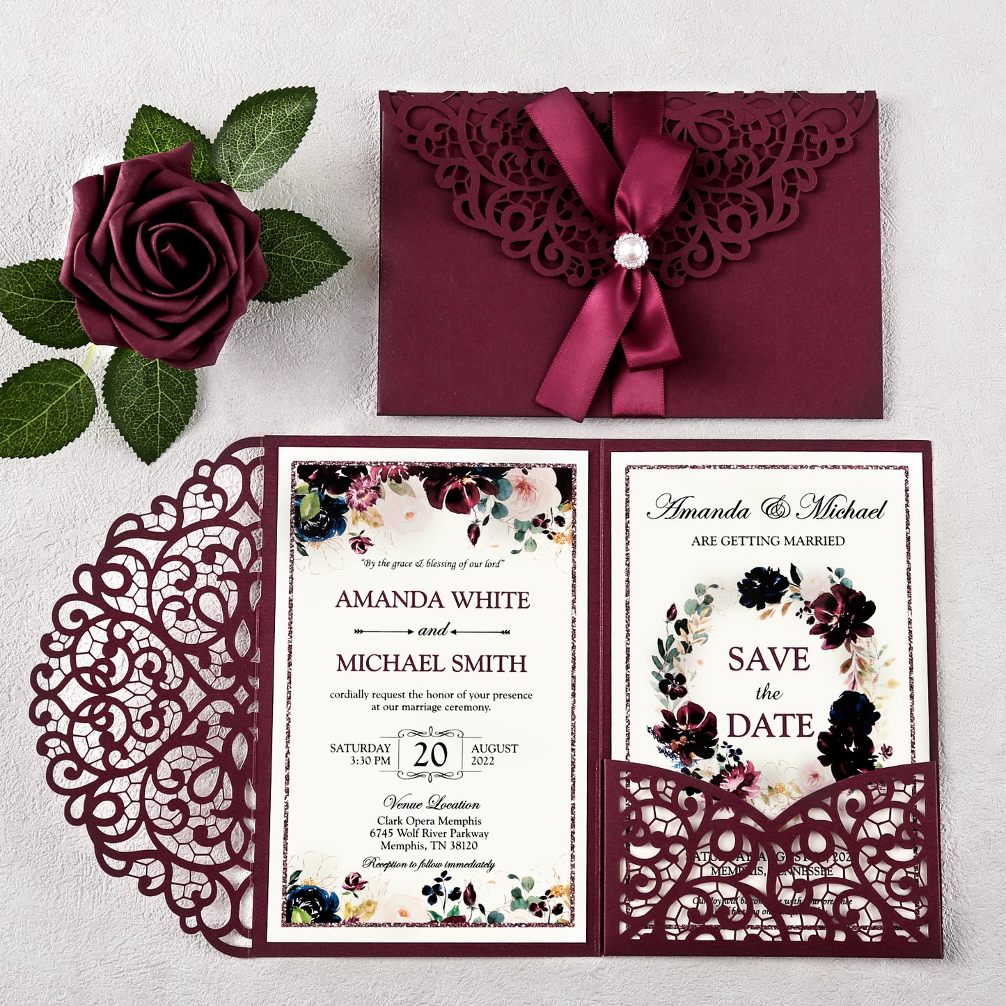 4.7 x7 inch Burgundy Laser Cut Hollow Rose Wedding Invitations Cards with Envelopes for Wedding Party