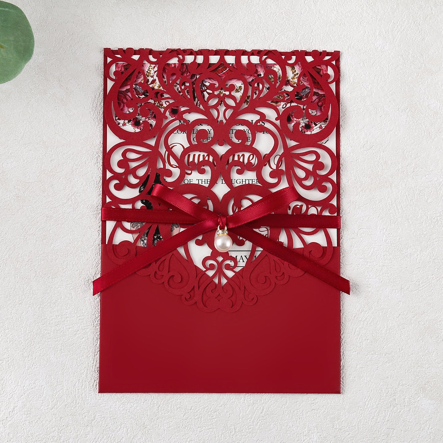 Red Floral Laser cut invitation cards with ribbon belly band and pearl for Quinceanera - DorisHome