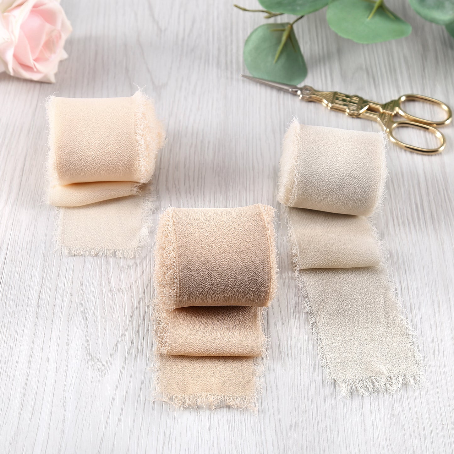 Handmade Fringe Chiffon Silk-Like Ribbon 2" x 7Yd Set of 3 Rolls Ribbons for Wedding Invitations, Bouquets, Gift Wrapping (3 Rolls Nude/Cream/Sand Color)
