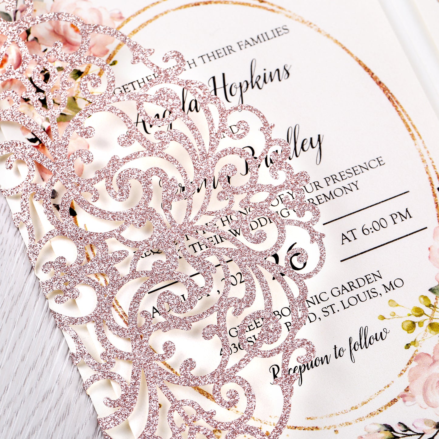 4.7 x7 inch Rose Gold Glitter Laser Cut Hollow Rose Wedding Invitations Cards with Glitter Pockets and Envelopes for Wedding Party - DorisHome
