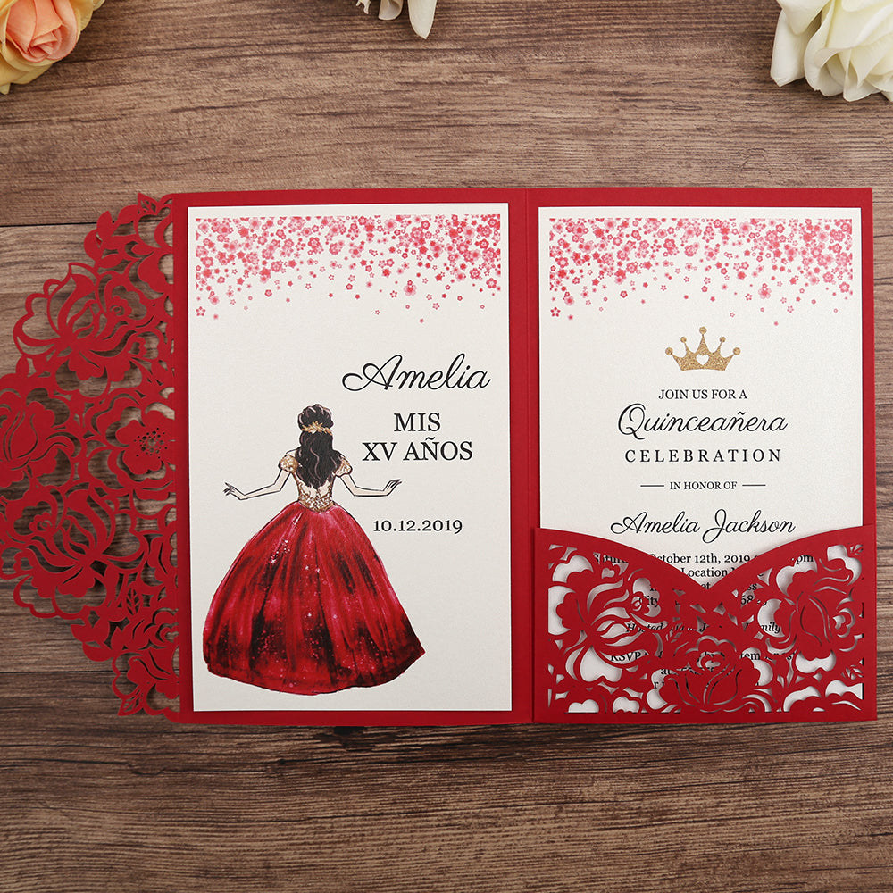 Red Floral Laser cut invitation cards for Quinceanera - DorisHome