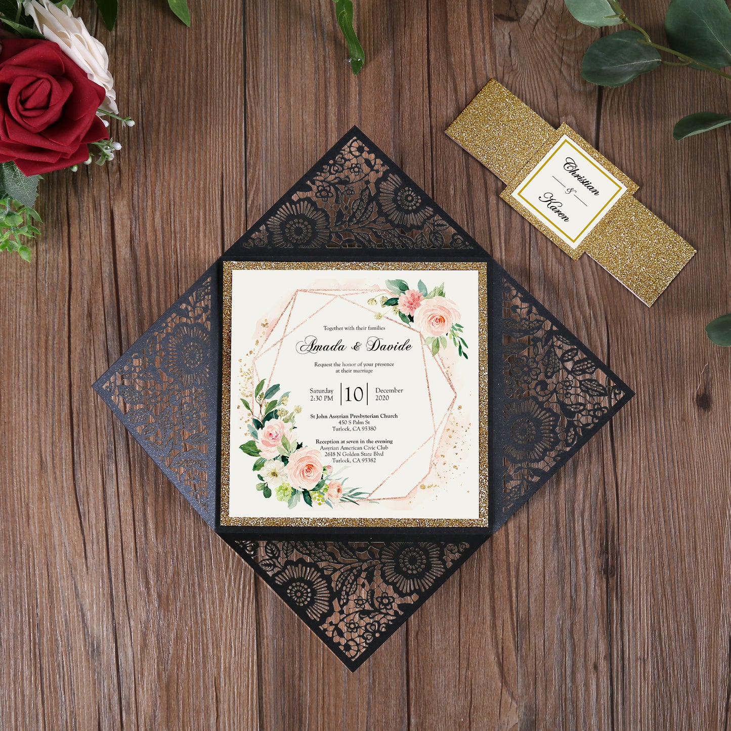 Square Black Lase-cut Lace Flower Pattern Wedding Invitations
