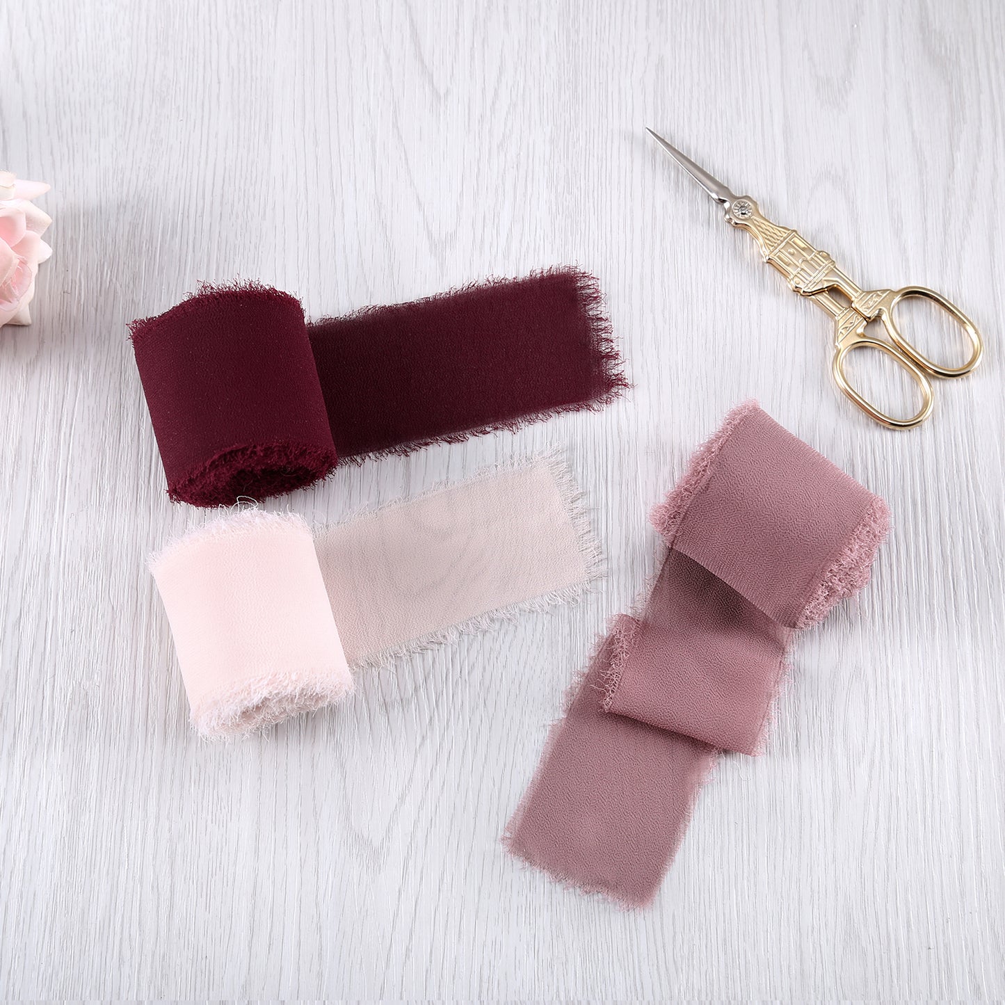 Handmade Fringe Chiffon Silk-Like Ribbon 2" x 7Yd Set of 3 Rolls Ribbons for Wedding Invitations, Bouquets, Gift Wrapping (3 Rolls Burgundy/Mauve/Pink)