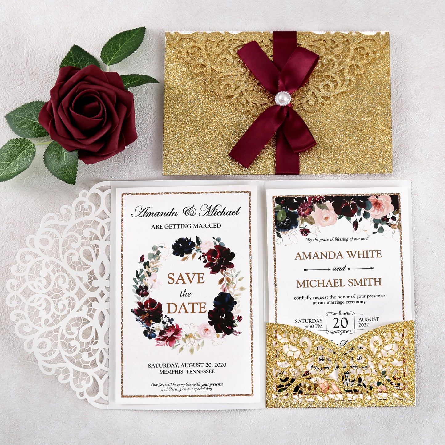 4.7 x7 inch Gold Glitter Laser Cut Hollow Rose Wedding Invitations Cards with Envelopes for Wedding Party