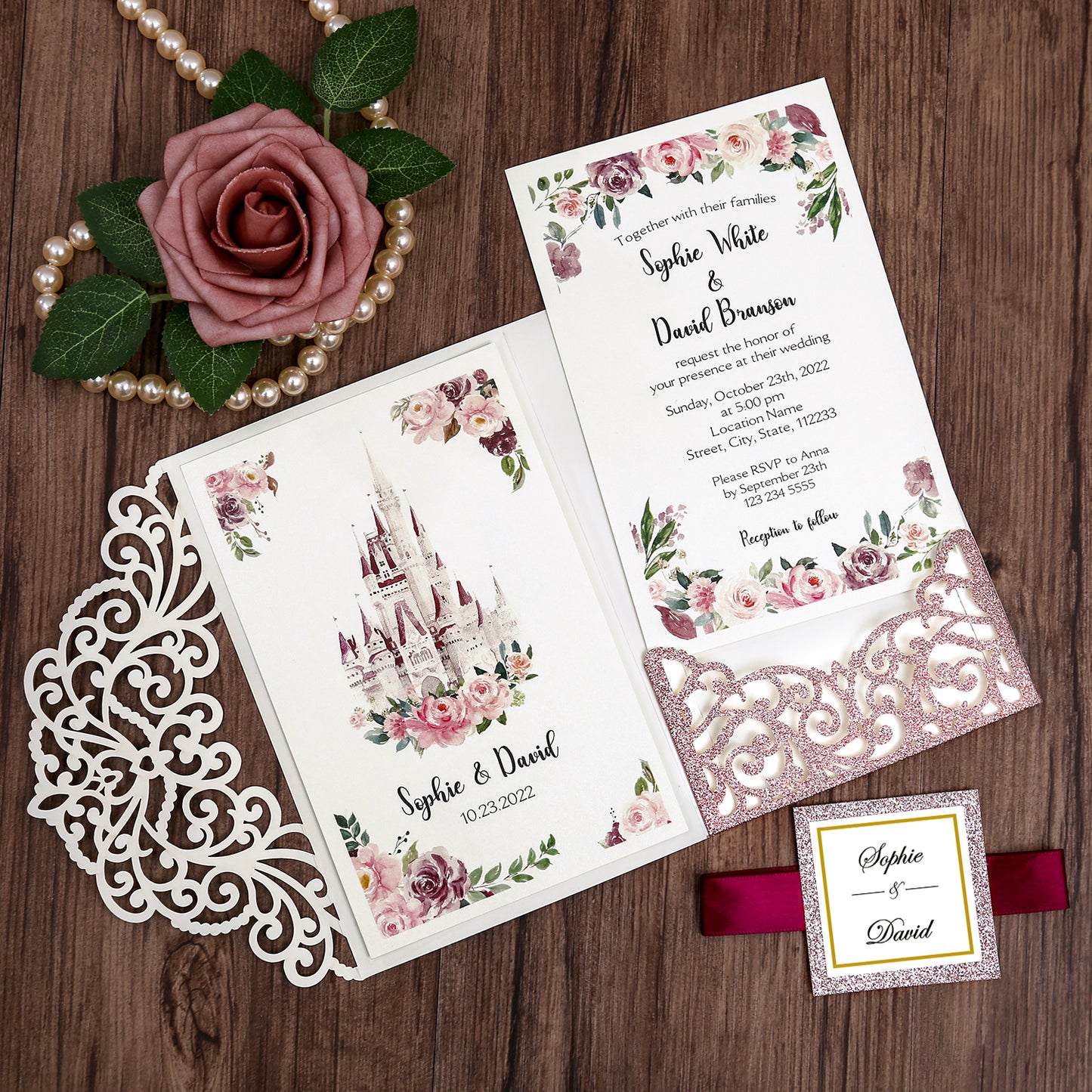 DreamBuilt 4.7 x7 inch Rose Gold Glitter Laser Cut Wedding Invitations With Envelopes Kit Hollow Rose Pocket And Burgundy Ribbon Belly Band for Wedding Bridal Shower Engagement Invite