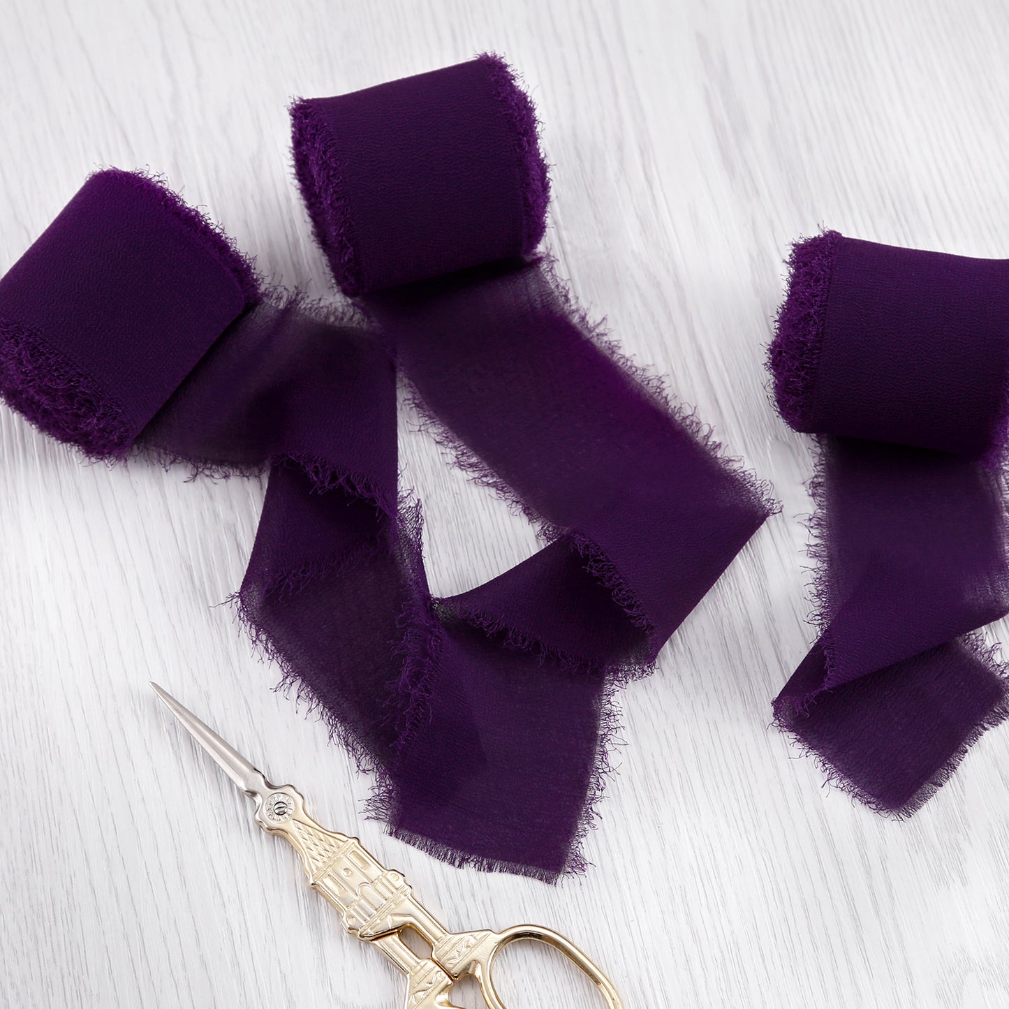 Handmade Fringe Chiffon Silk-Like Ribbon 2" x 7Yd Set of 3 Rolls Ribbons for Wedding Invitations, Bouquets, Gift Wrapping (3 Rolls Plum)