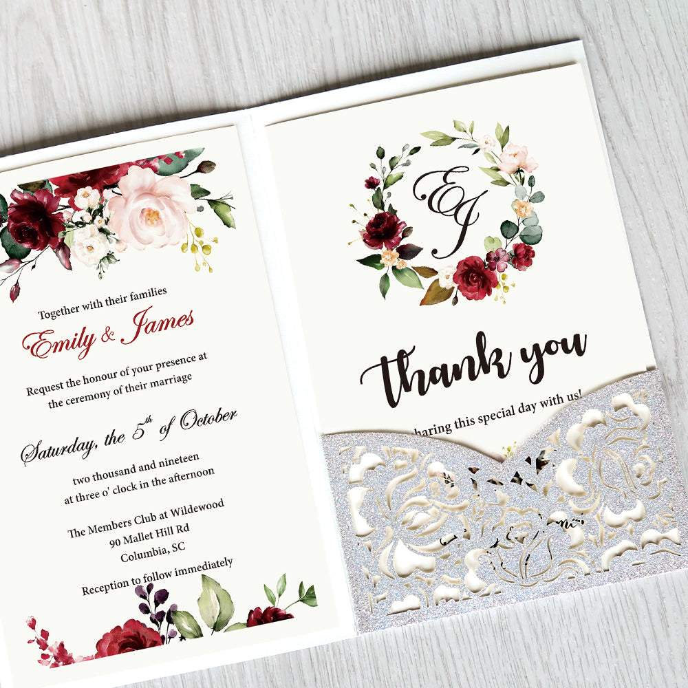 Glitter Silver Floral Laser cut invitation cards for Wedding - DorisHome