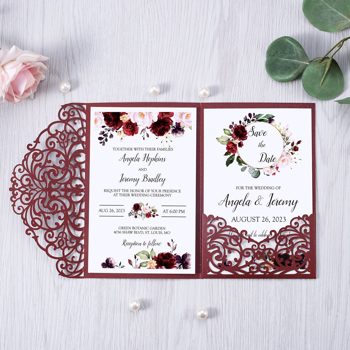 4.7 x7 inch Burgundy Laser Cut Hollow Rose Wedding Invitations Cards with Envelopes for Wedding Party - DorisHome
