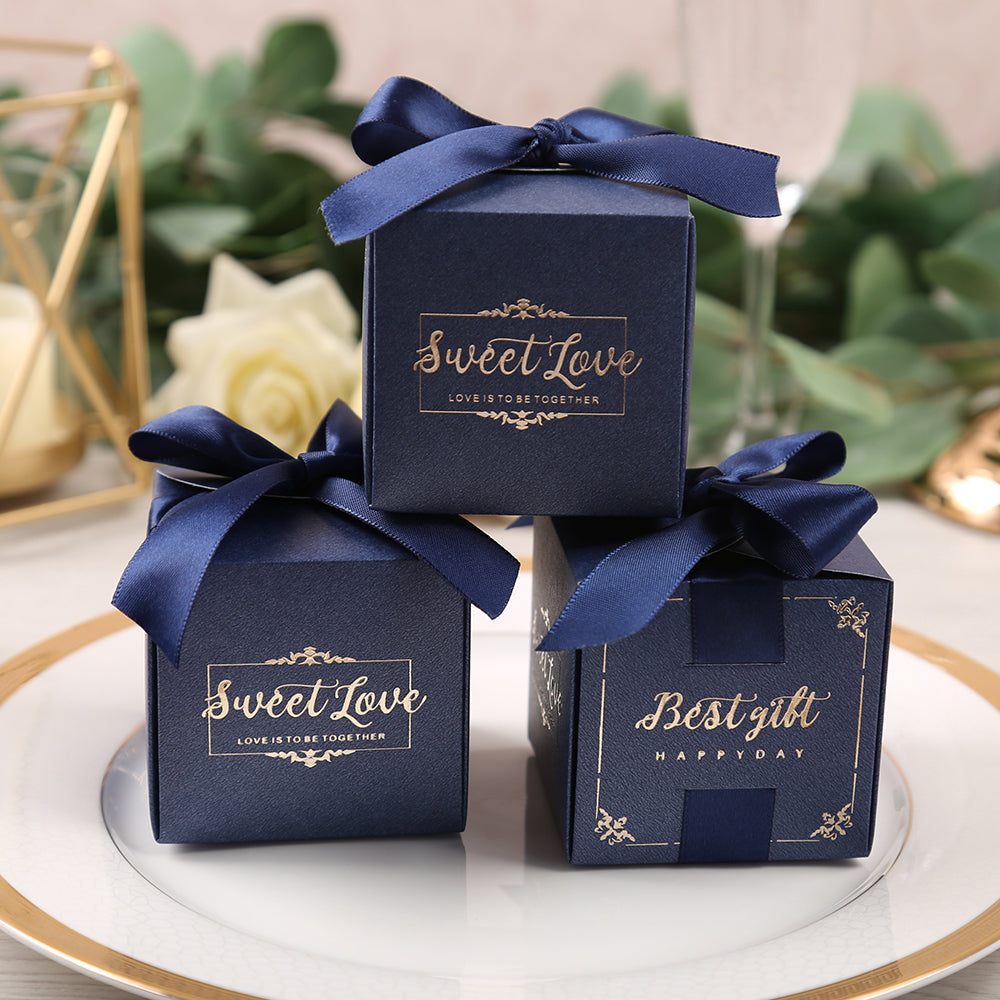 50 pcs Birthday Wedding Party Favor, Wedding Gift Bags Chocolate Candy and Gift Boxes Bridal Shower Party Paper Gift Box Blue Boxes with Ribbons,CB080B - DorisHome