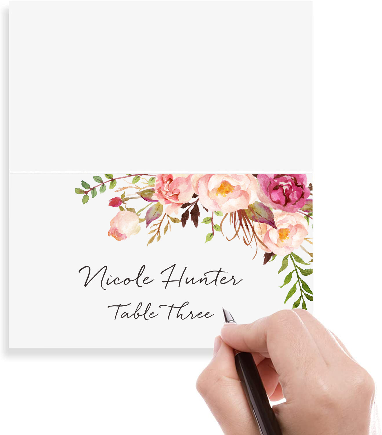 Floral Place Cards for Wedding or Party, Seating Place Cards for Tables, Scored for Easy Folding, Blush Flower Design, 2 x 3.5 Inches