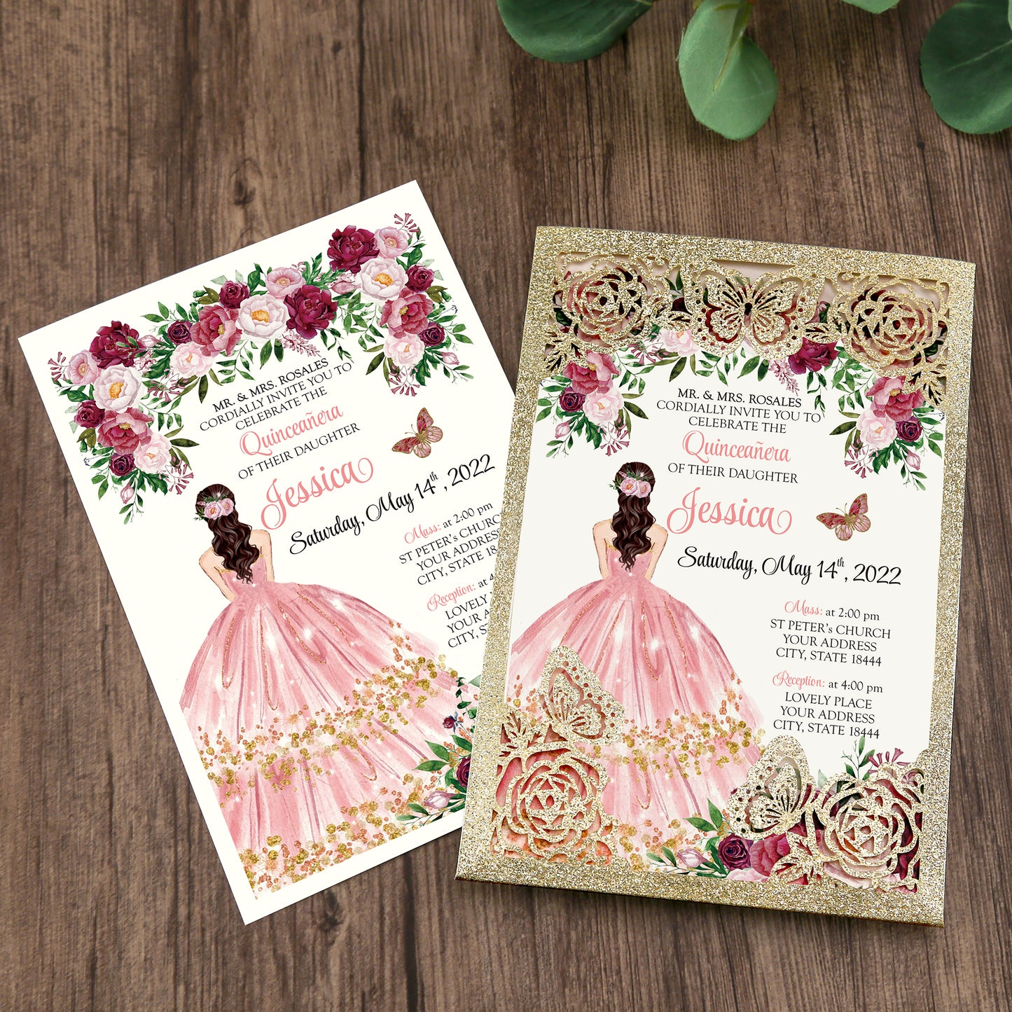 Light Gold Glitter with Hollow Butterflies Invitations Greeting Cards For Quinceanera