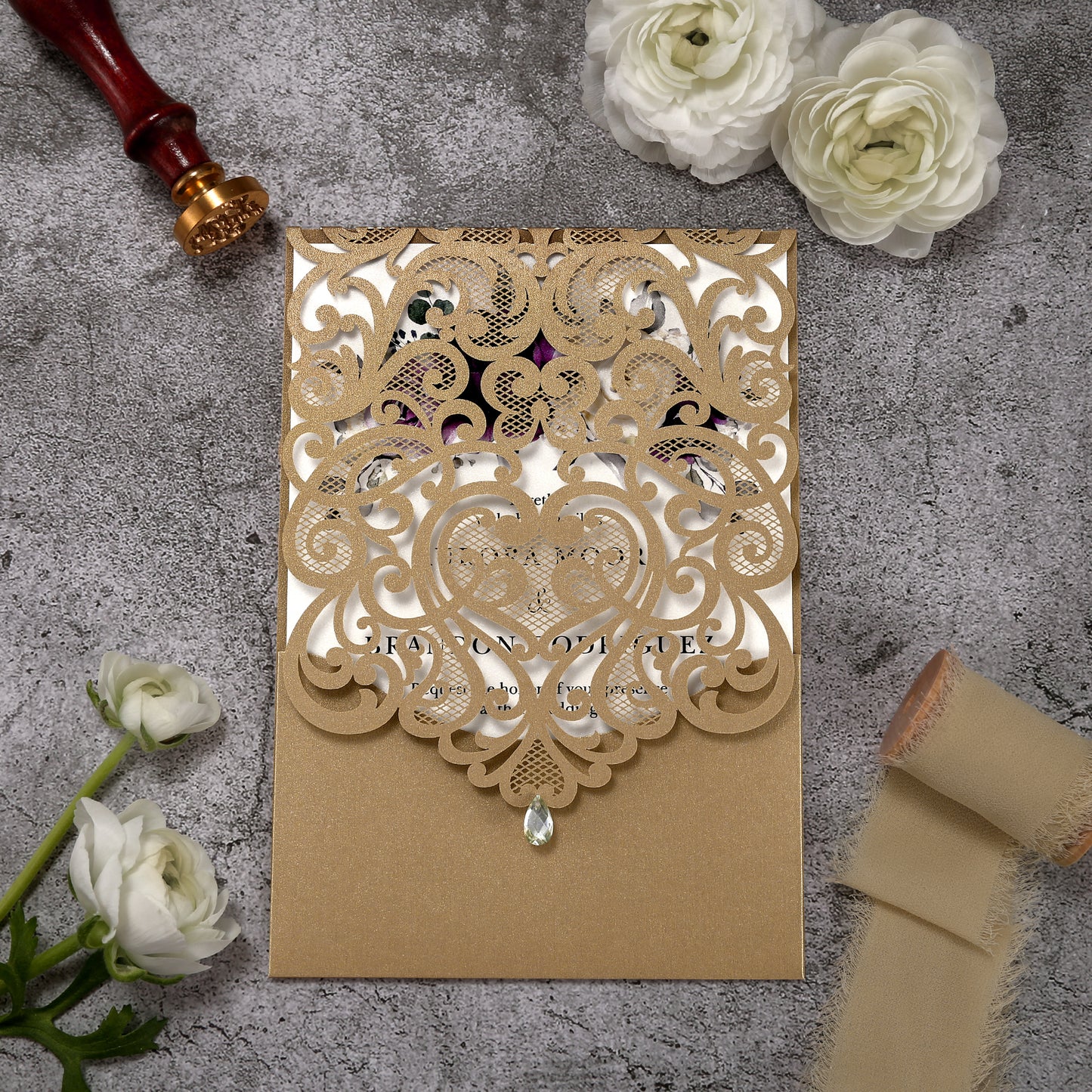 Vertical Purple Floral Laser cut invitations for Wedding Anniversary