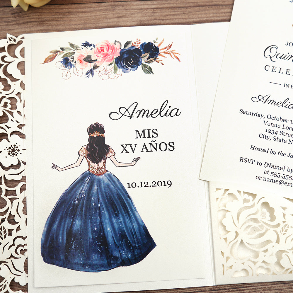 White Floral Laser cut invitation cards for Quinceanera - DorisHome