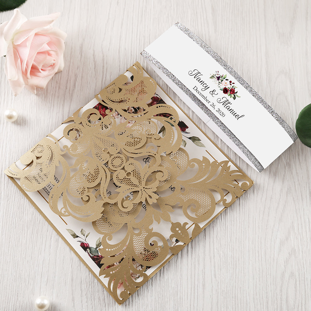 Square Gold Wedding Invitations with Belly Band for Wedding, Bridal Shower, Dinner - DorisHome