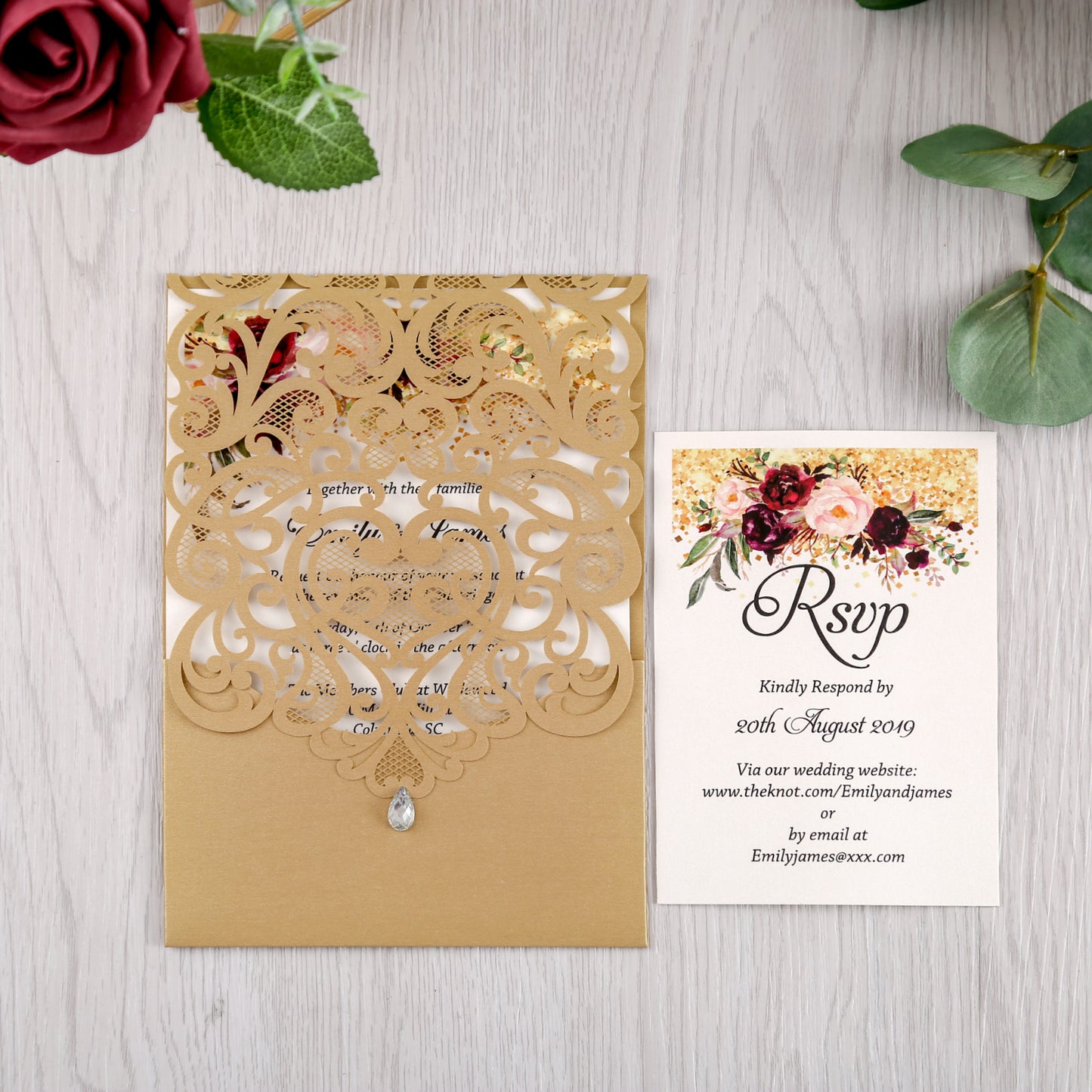 Gold Wedding Invitation With Rhinestone & Laser Cut Flower