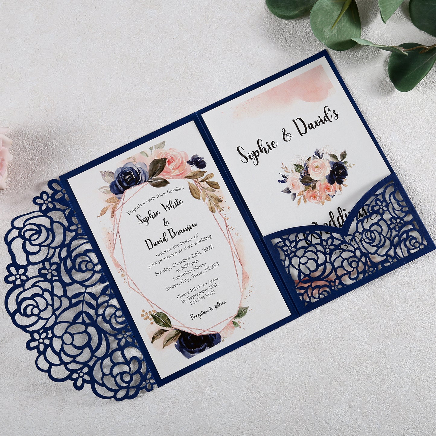4.7 x7 inch Blue Laser Cut Hollow Rose Wedding Invitations Cards with Pearlized Pockets and Envelopes for Wedding Bridal Shower - DorisHome