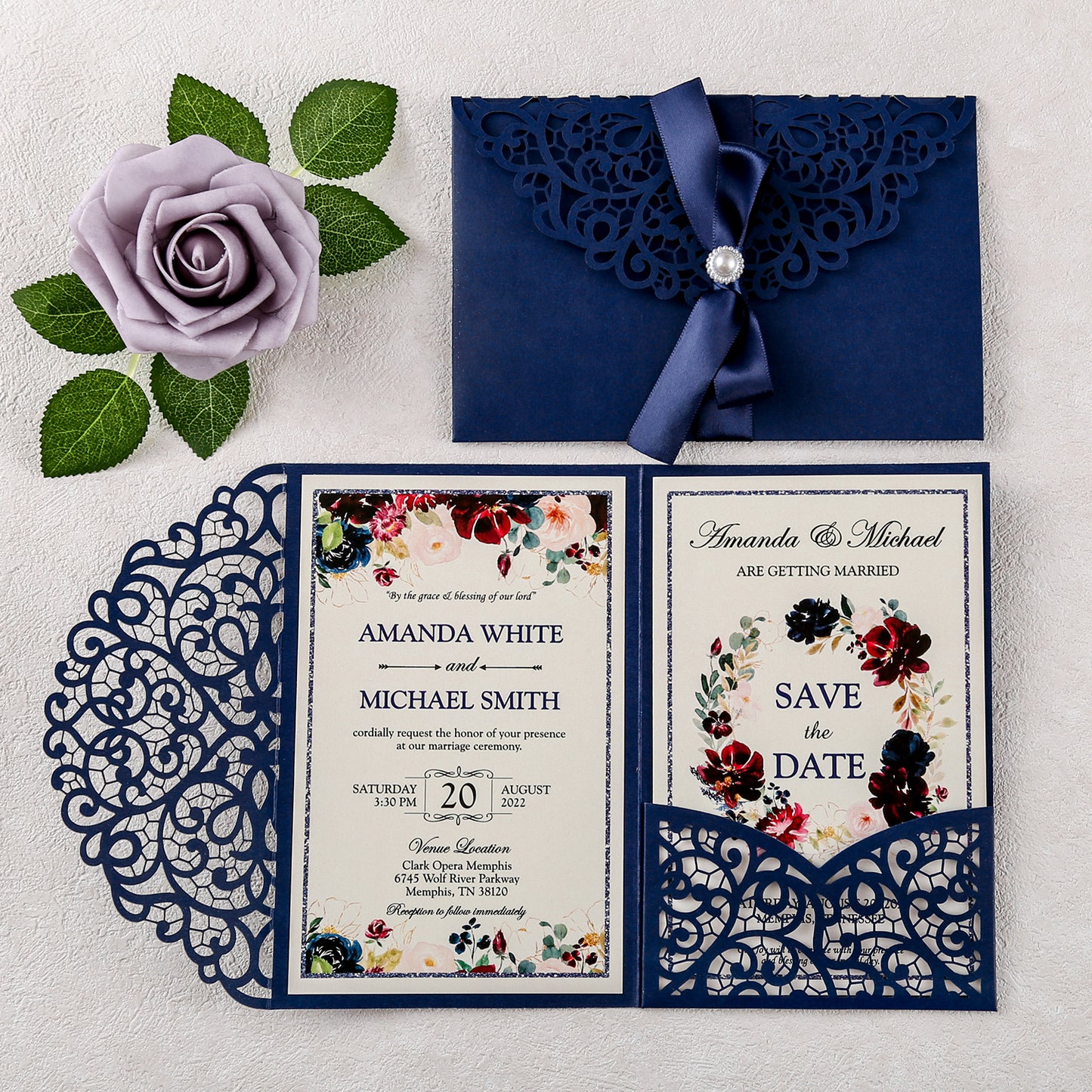 4.7 x7 inch Blue Laser Cut Hollow Rose Wedding Invitations Cards with Envelopes for Wedding Party
