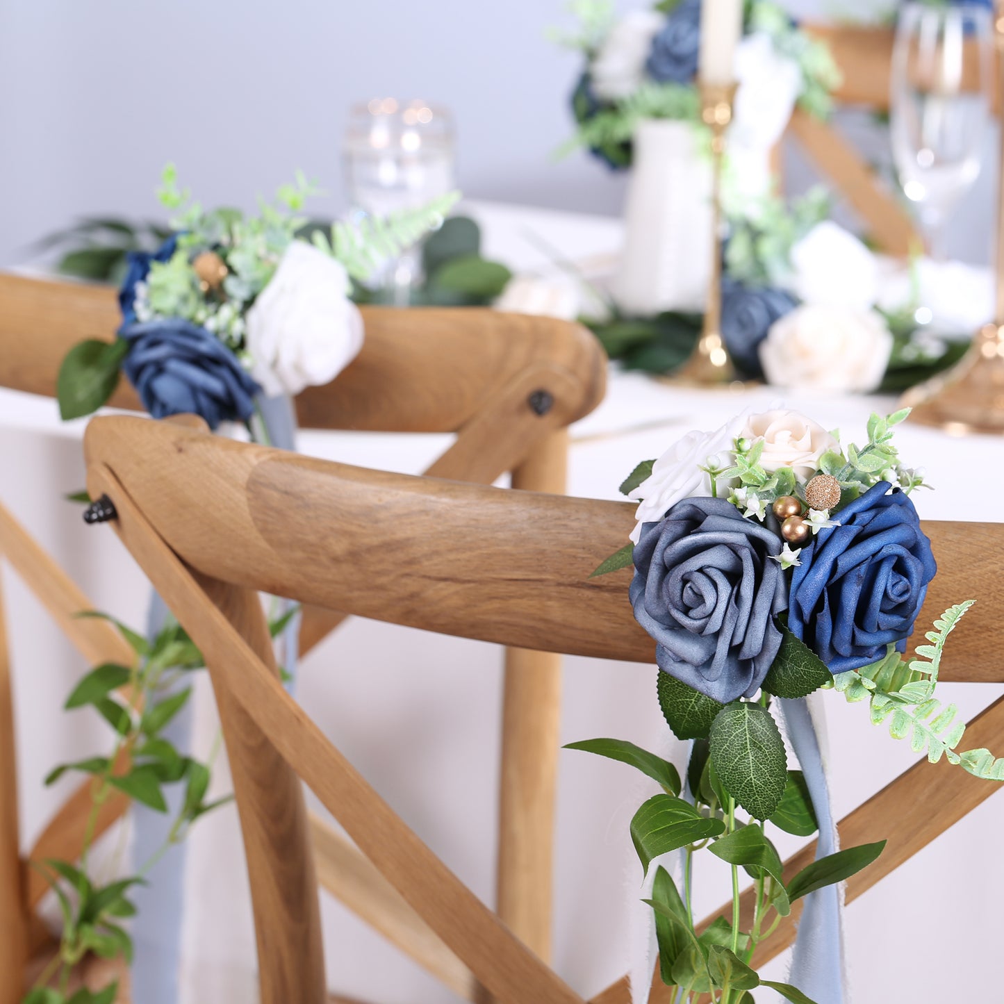 Wedding Aisle Decorations Blue Pew Flowers Set of 10 for Wedding Ceremony Party Chair Decor with Artificial Flowers Eucalyptus and Ribbons