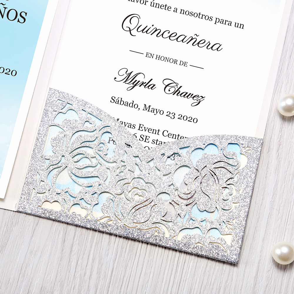 Glitter Silver Floral Laser cut invitation cards for Quinceanera - DorisHome