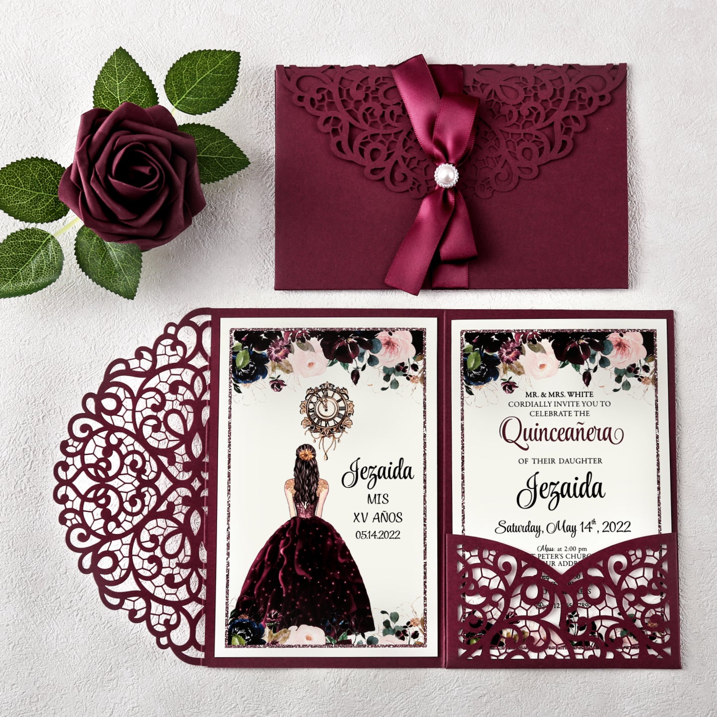 4.7 x7 inch Burgundy Laser Cut Hollow Rose Quinceanera Invitations Cards with Envelopes for Quinceanera Party
