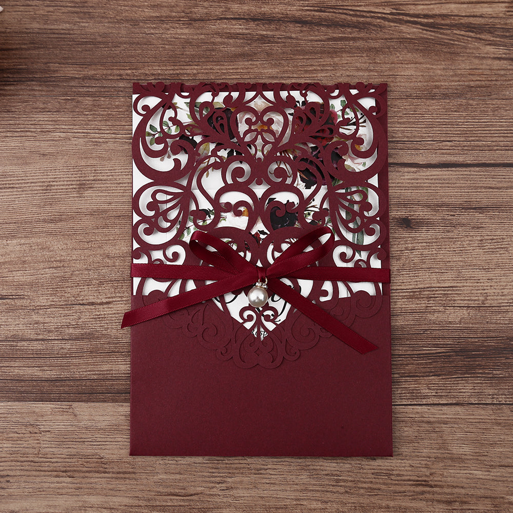 Burgundy Floral Laser cut invitation cards with ribbon bellyb band and pearl for wedding - DorisHome