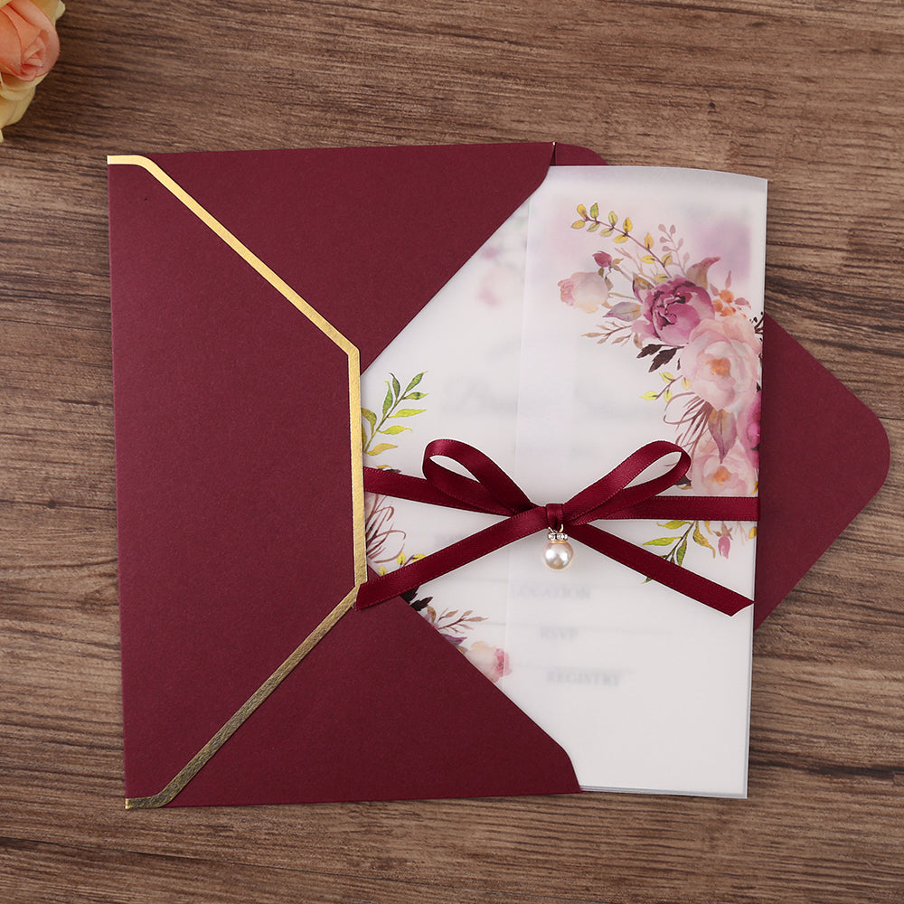 Pocket Burgundy Wedding Invitations Greeting Cards - DorisHome