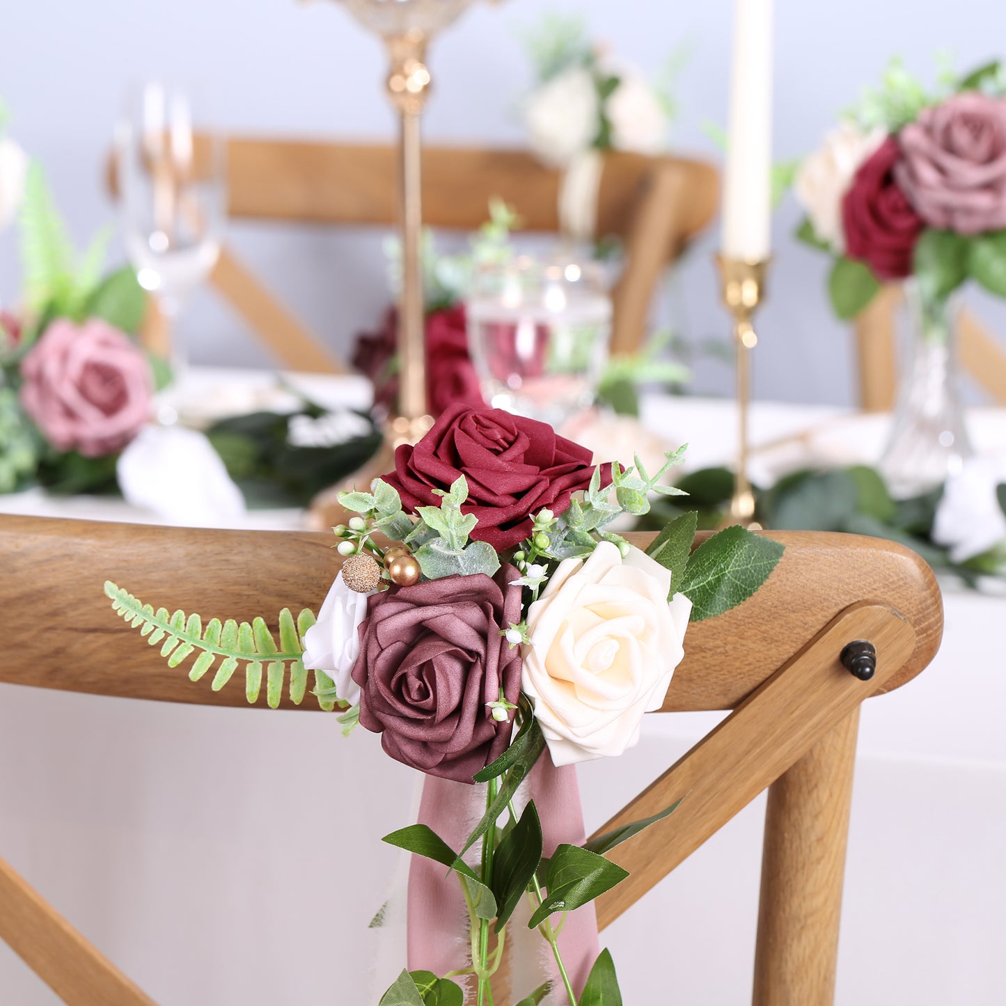 Wedding Aisle Decorations Mauve Burgundy Pew Flowers Set of 10 for Wedding Ceremony Party Chair Decor with Artificial Flowers Eucalyptus and Ribbons