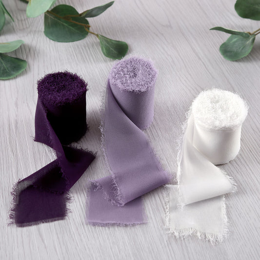 Handmade Fringe Chiffon Silk-Like Ribbon 2" x 7Yd Set of 3 Rolls Ribbons for Wedding Invitations, Bouquets, Gift Wrapping (3 Rolls Plum/Pastel Purple/Ivory)