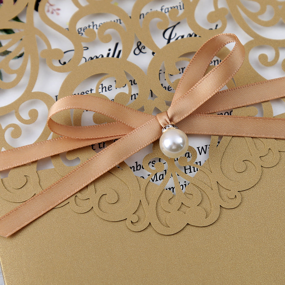 Gold Floral Laser Cut Invitation Card With Belly Band And Pearl For Wedding Anniversary - DorisHome