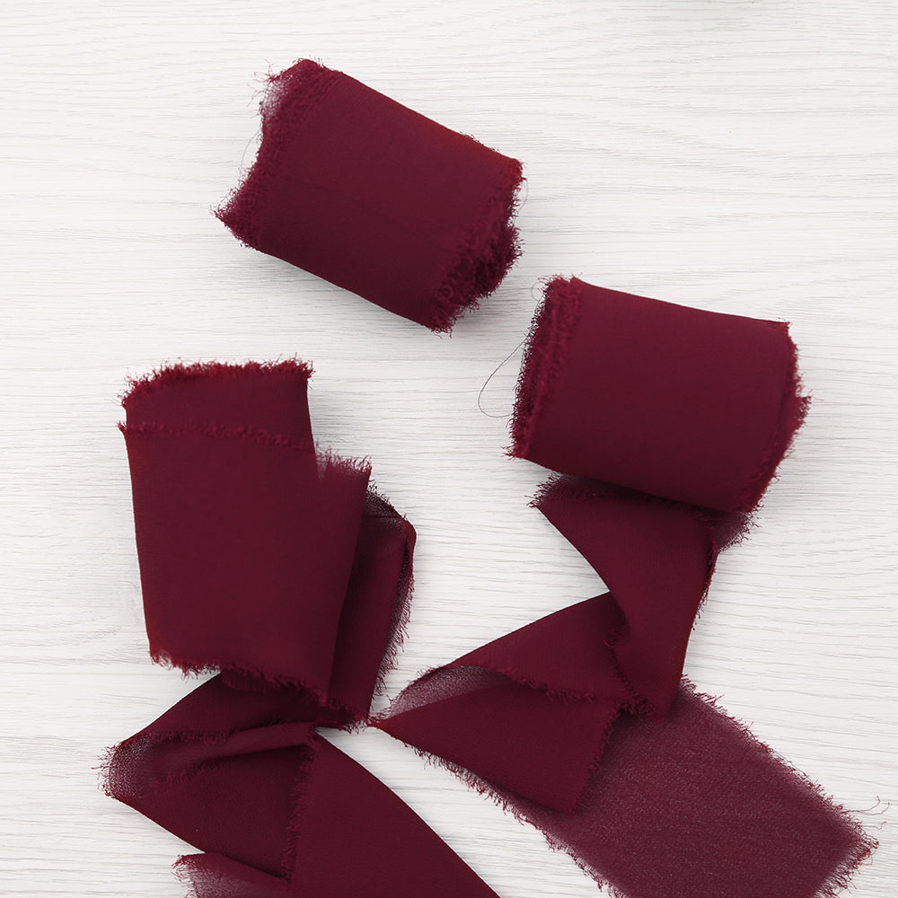 Handmade Fringe Chiffon Silk-Like Ribbon 2" x 7Yd Set of 3 Rolls Ribbons for Wedding Invitations, Bouquets, Gift Wrapping (3 Rolls Burgundy) - DorisHome