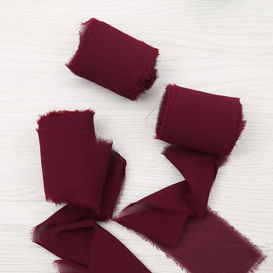 Handmade Fringe Chiffon Silk-Like Ribbon 2" x 7Yd Set of 3 Rolls Ribbons for Wedding Invitations, Bouquets, Gift Wrapping (3 Rolls Burgundy) - DorisHome