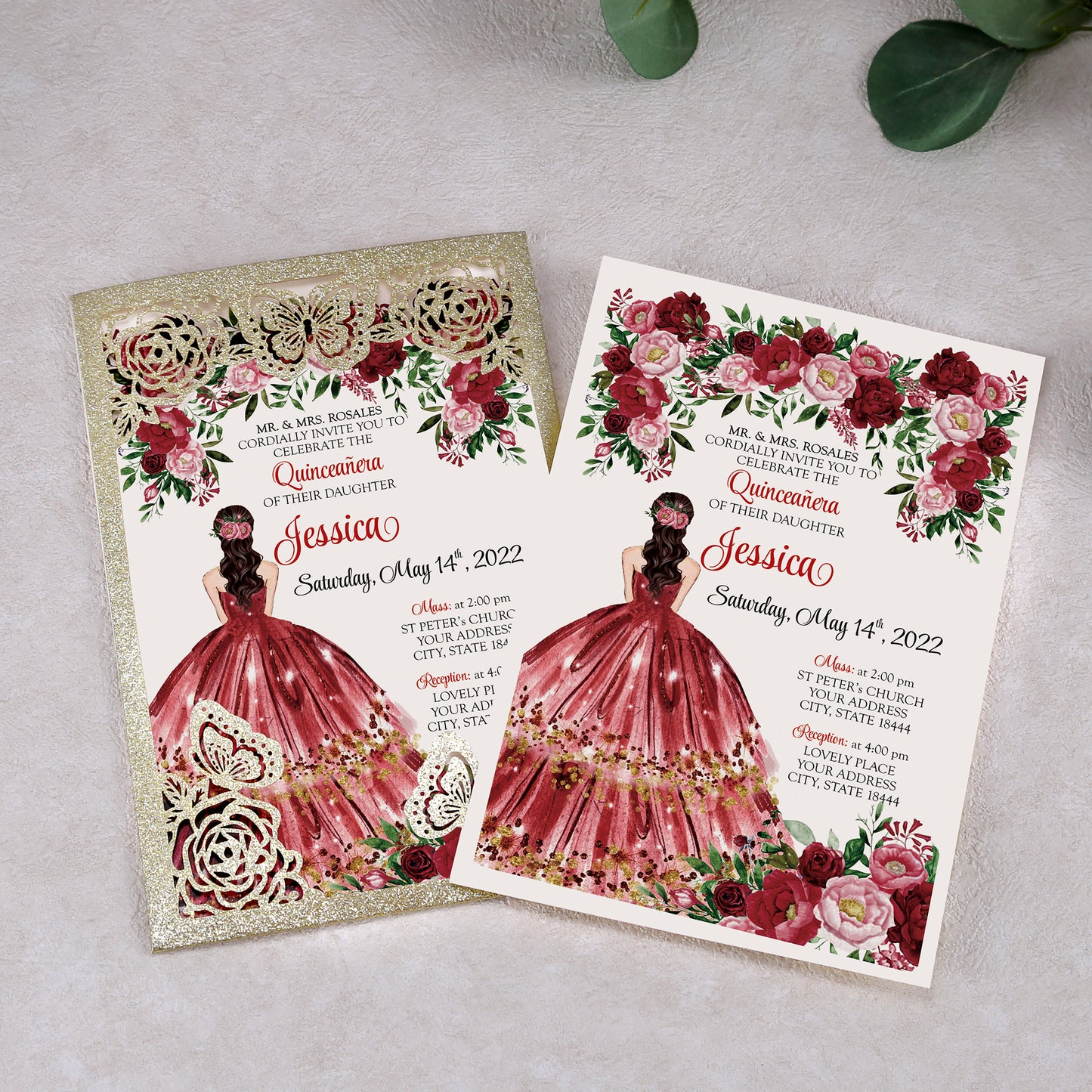 Light Gold Glitter with Hollow Butterflies Invitations Greeting Cards For Quinceanera