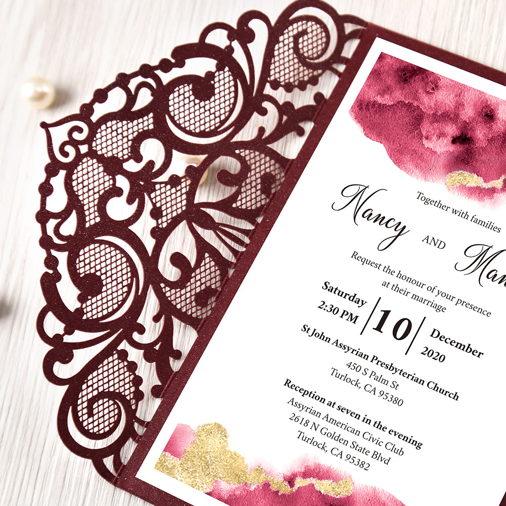Pearlized Burgundy Floral Laser cut Wedding Invitation with Glitter Gold Bellyband for Wedding, Anniversary, Quinceanera - DorisHome