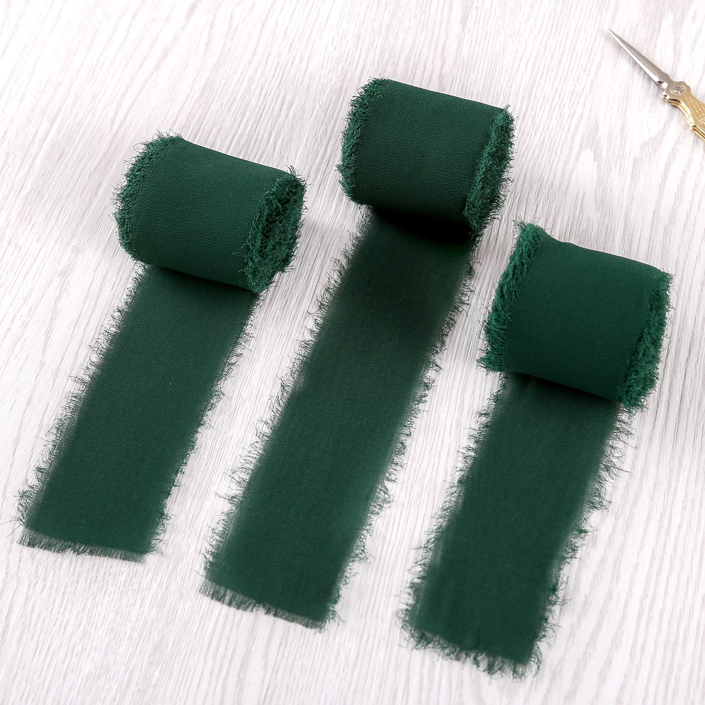 Handmade Fringe Chiffon Silk-Like Ribbon 2" x 7Yd Set of 3 Rolls Ribbons for Wedding Invitations, Bouquets, Gift Wrapping (3 Rolls Dark Green)