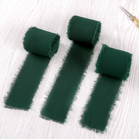 Handmade Fringe Chiffon Silk-Like Ribbon 2" x 7Yd Set of 3 Rolls Ribbons for Wedding Invitations, Bouquets, Gift Wrapping (3 Rolls Dark Green)
