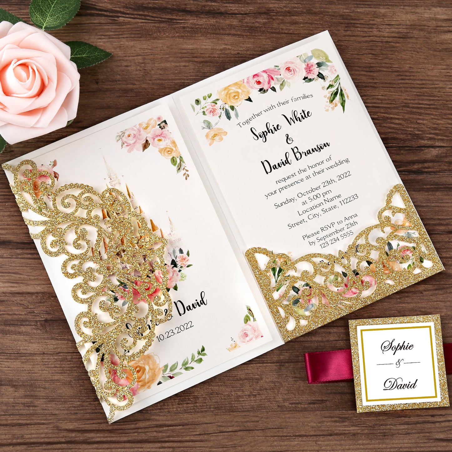 DreamBuilt 4.7 x7 inch Gold Glitter Laser Cut Wedding Invitations With Envelopes Kit Hollow Rose Pocket And Burgundy Ribbon Belly Band for Wedding Bridal Shower Engagement Invite