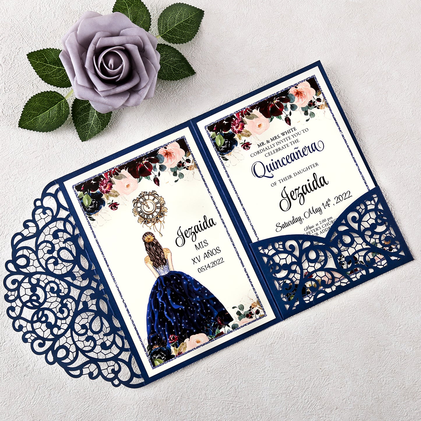 4.7 x7 inch Blue Laser Cut Hollow Rose Quinceanera Invitations Cards with Envelopes for Quinceanera Party