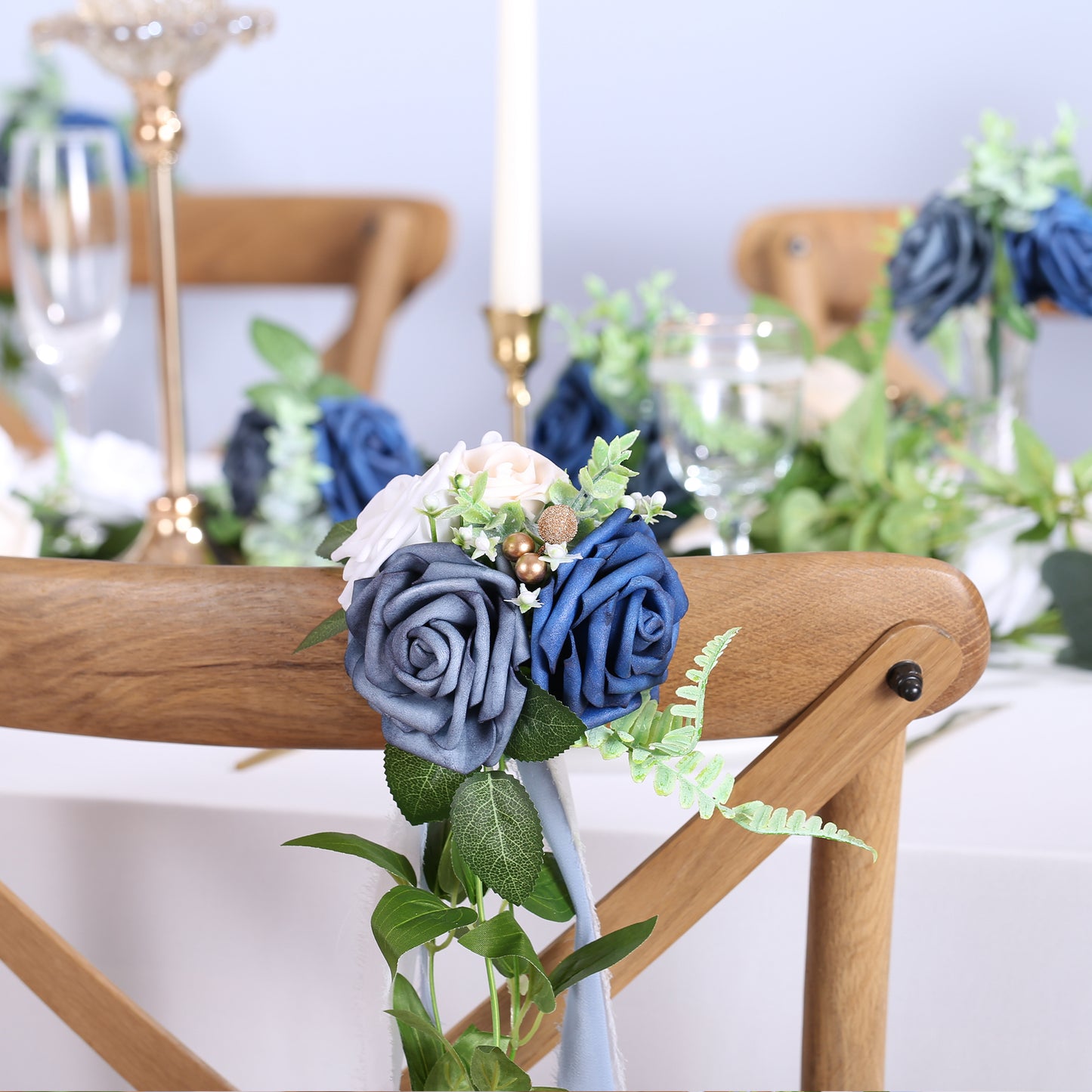 Wedding Aisle Decorations Blue Pew Flowers Set of 10 for Wedding Ceremony Party Chair Decor with Artificial Flowers Eucalyptus and Ribbons
