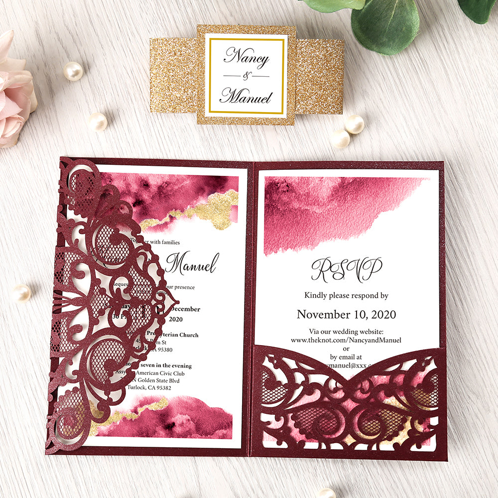 Pearlized Burgundy Floral Laser cut Wedding Invitation with Glitter Gold Bellyband for Wedding, Anniversary, Quinceanera - DorisHome