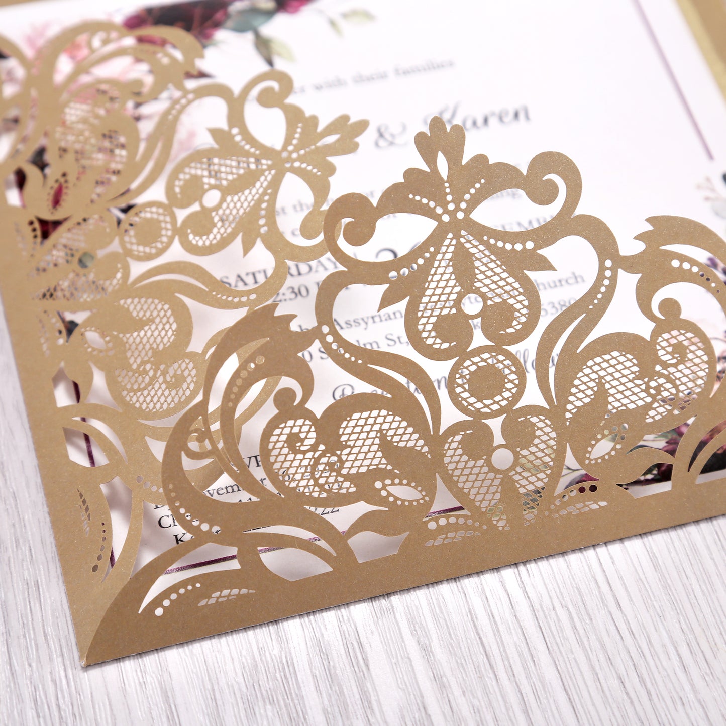 Square Gold Laser Cut Lace Flower Invitations Cards