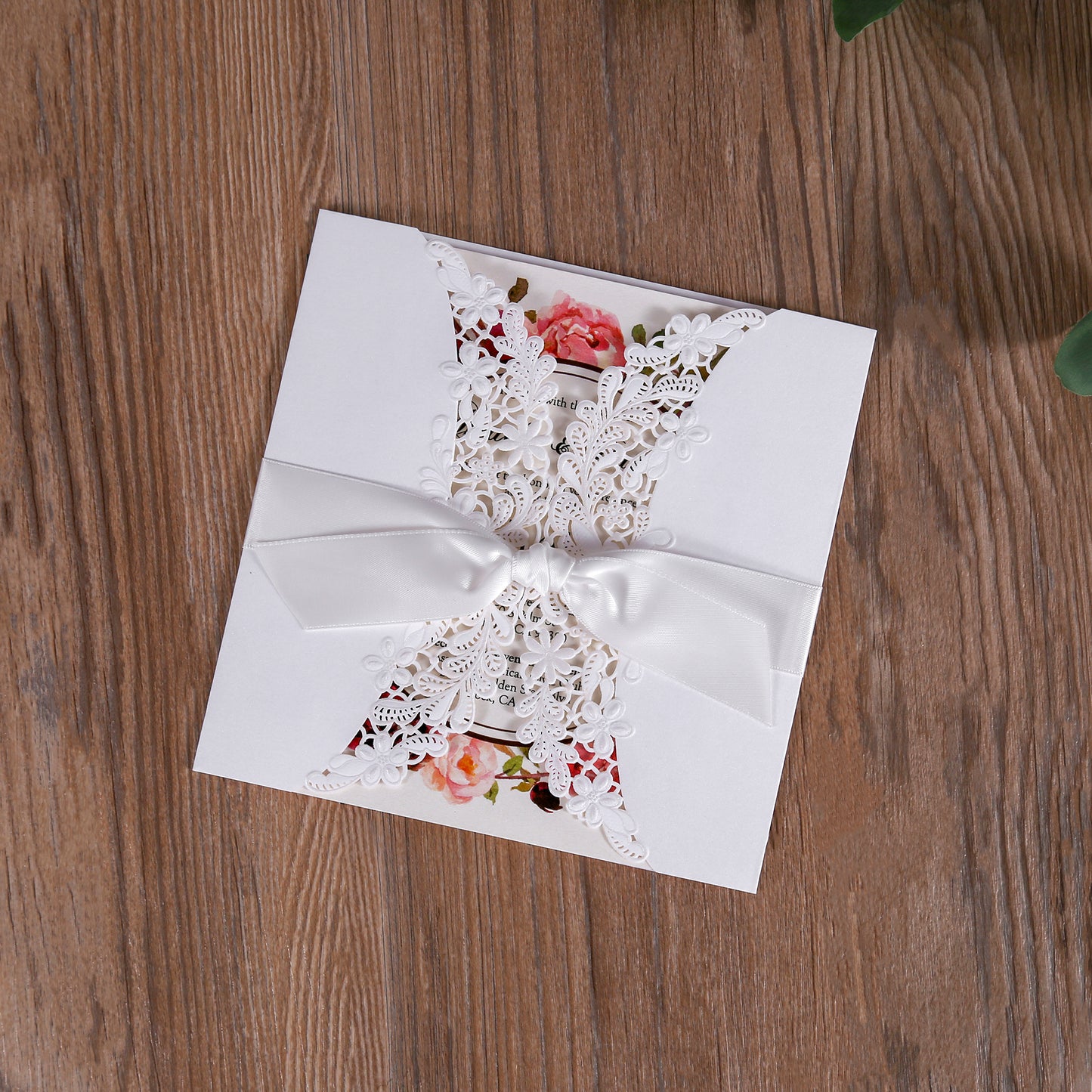 Laser cut Ivory White Hollow Flora Wedding Invitation with Bowknot