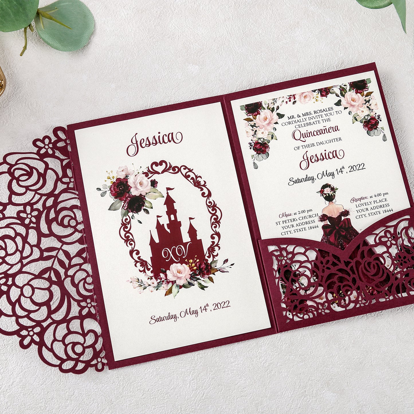 DreamBuilt 4.7 x7 inch Burgundy Laser Cut Hollow Rose Quinceanera Invitations Cards with Burgundy Pockets and Envelopes for Quinceanera Invite