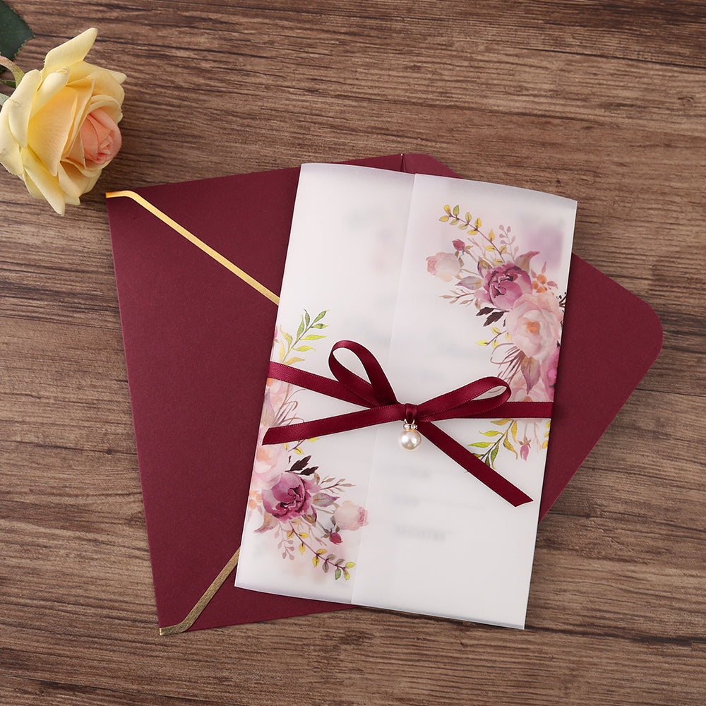 Pocket Burgundy Wedding Invitations Greeting Cards - DorisHome