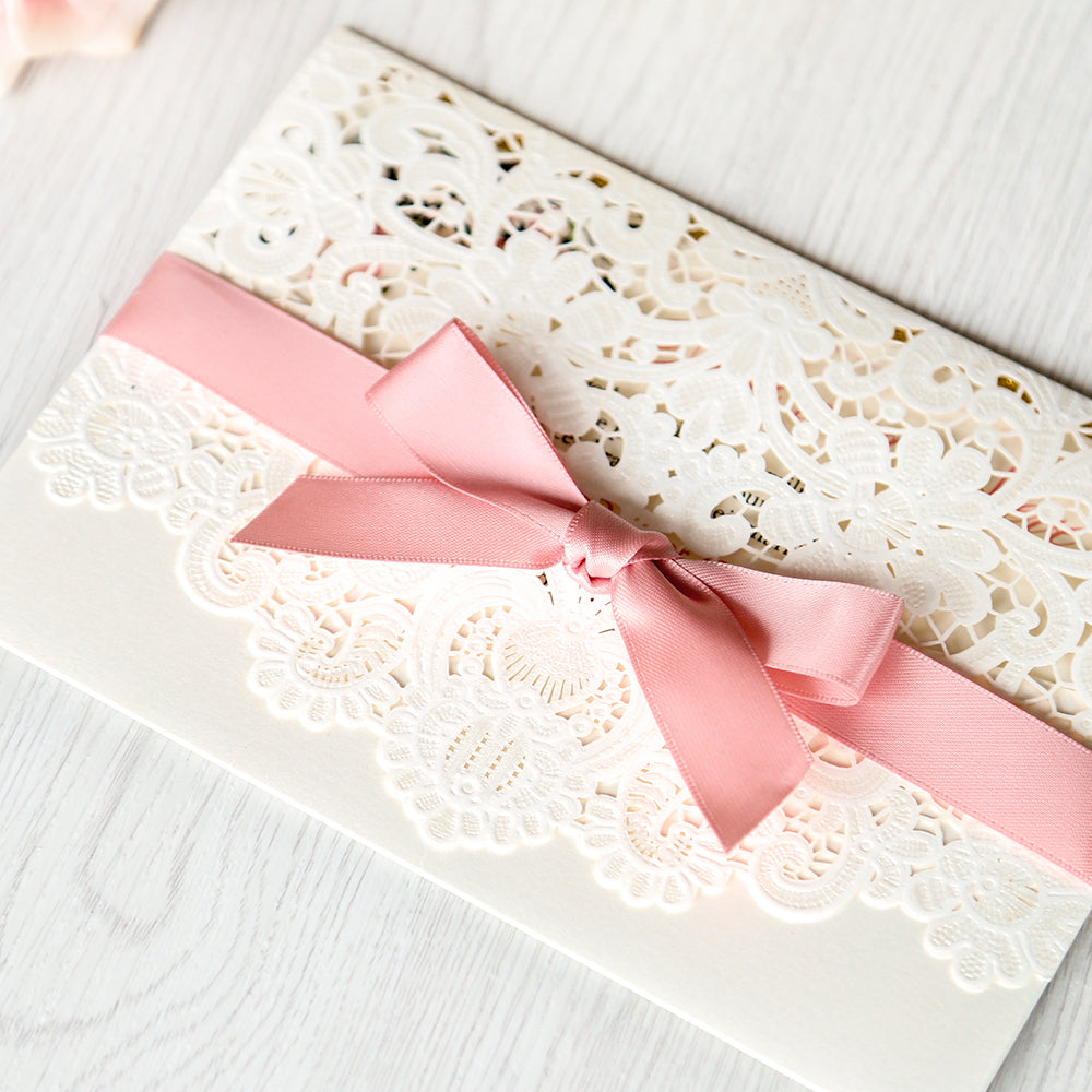 White Hollow Flora Laser Cut Invitations with Gold Glitter Border and Pink Ribbons for wedding,bridal shower - DorisHome