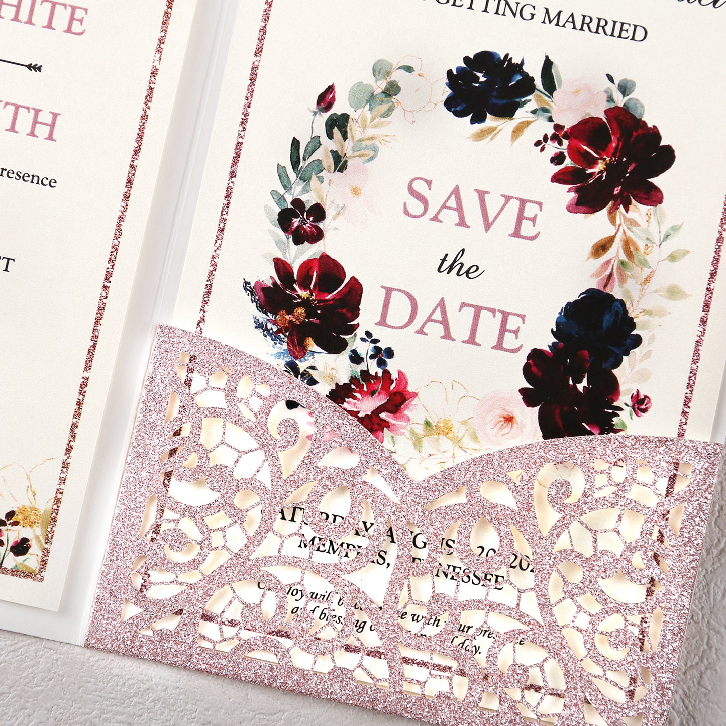 4.7 x7 inch Rose Gold Glitter Laser Cut Hollow Rose Wedding Invitations Cards with Envelopes for Wedding Party