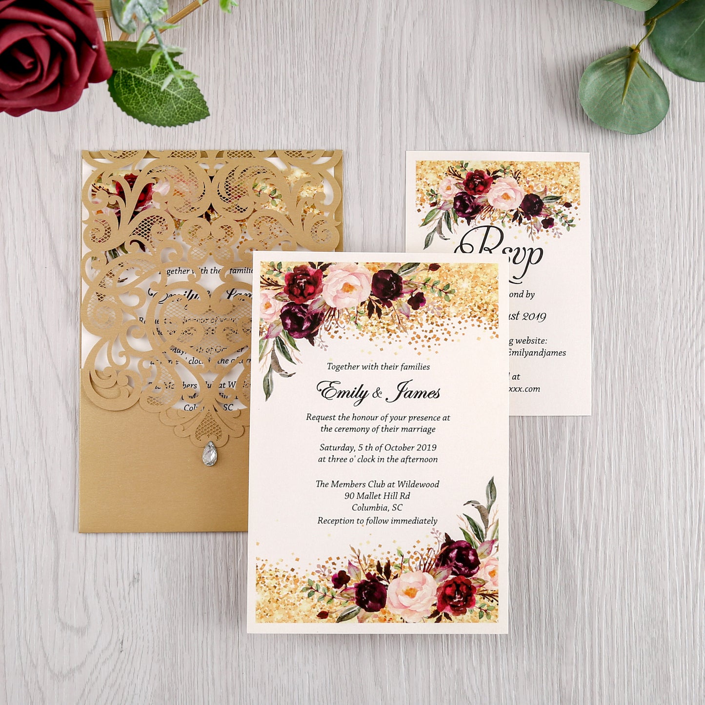 Gold Wedding Invitation With Rhinestone & Laser Cut Flower